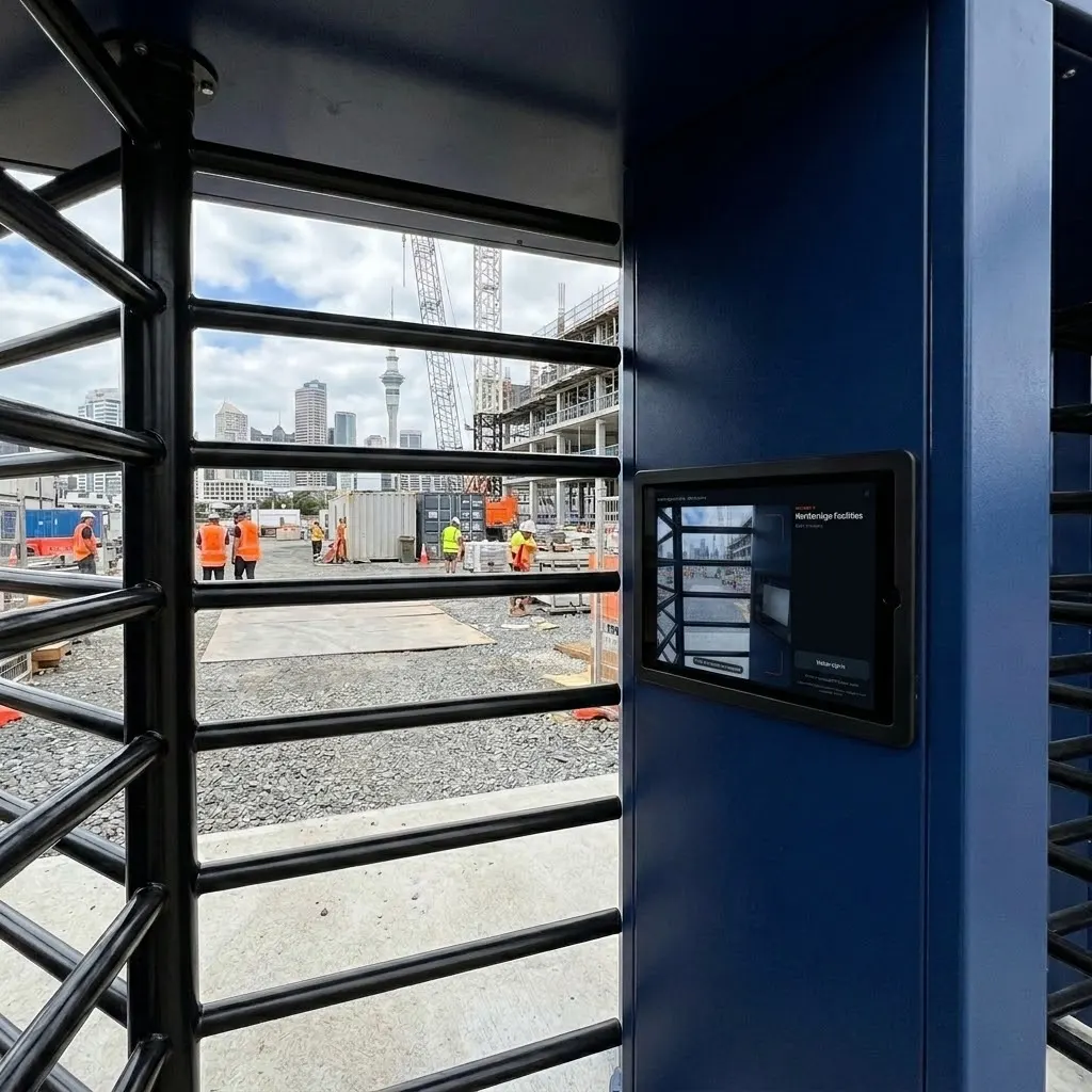 An iENTR iPad terminal mounted in a full-height turnstile at a construction site gate