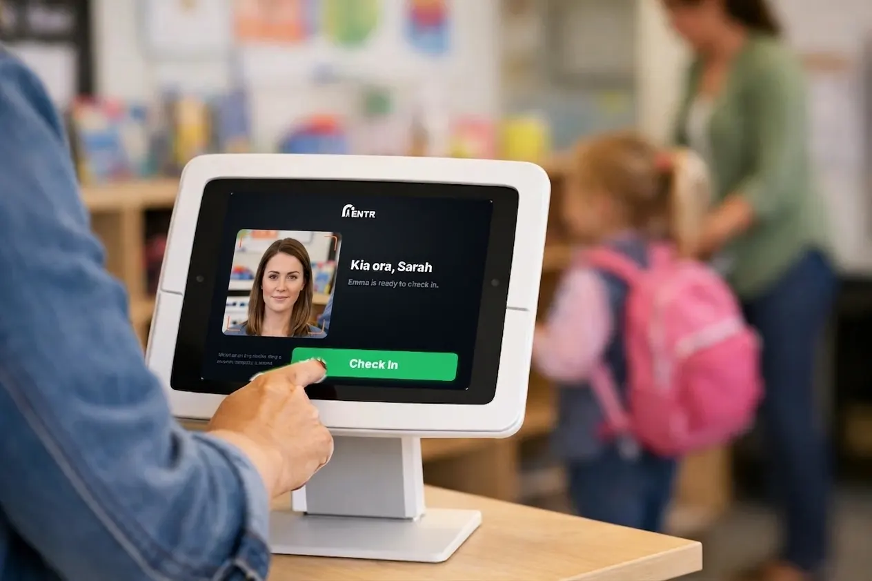 A parent checking in at an iENTR iPad kiosk at an early childhood centre