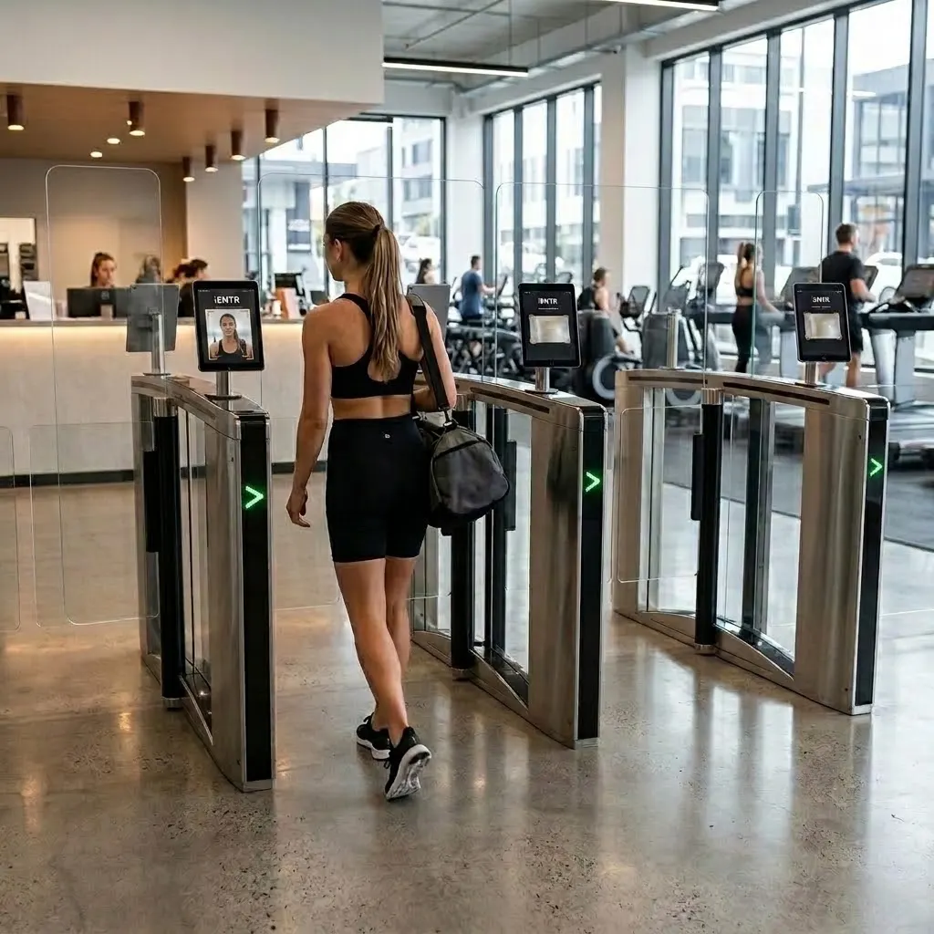 A member walking through iENTR speed gates at a gym entrance