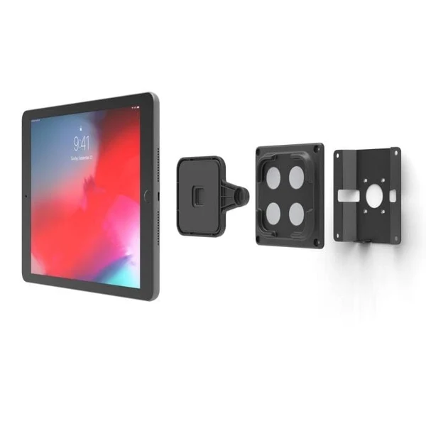 An iPad with its magnetic wall-mount kit, ready to fix at any entrance