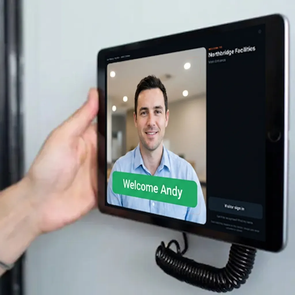 A wall-mounted iENTR terminal recognising a person with a Welcome message